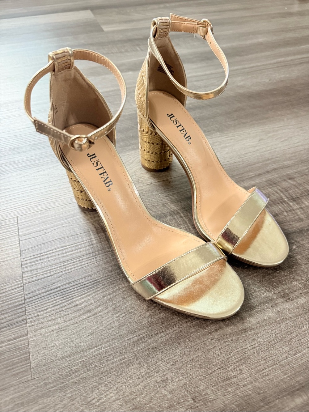JustFab Metallic Gold Ankle-Strap Block Heel Sandals